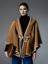 Aurohaya Women’s Short Wool Blend Poncho Coat with Hood & Bow Oversized Batwing Sleeve Winter Outerwear